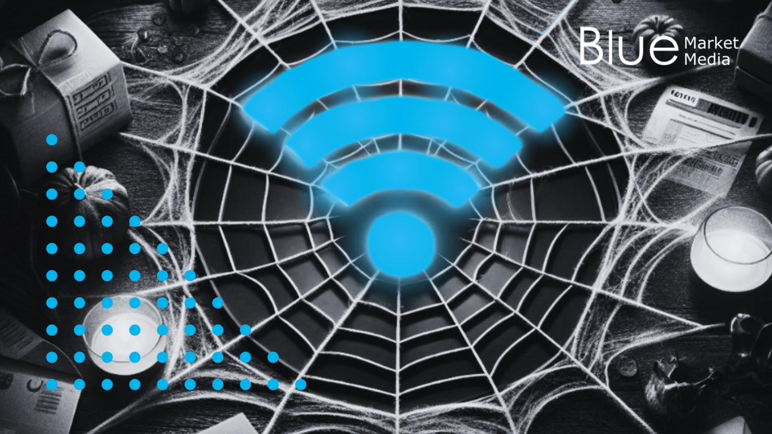 Halloween-themed setup with a spiderweb design incorporating a Wi-Fi symbol, surrounded by pumpkins, candles, and parcels, highlighting direct mail data tricks to boost Halloween broadband sales, featuring Blue Market Media branding.