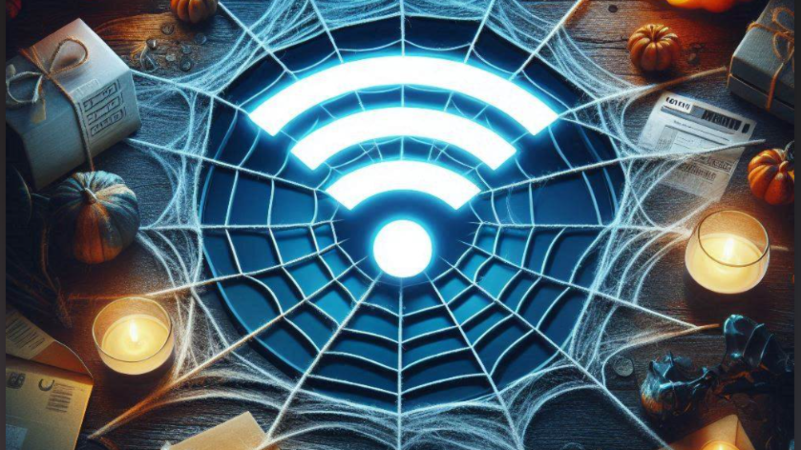 Wi-Fi symbol at the center of a spiderweb network, representing broadband connectivity reaching the right audience through direct mail marketing for Halloween-themed campaigns