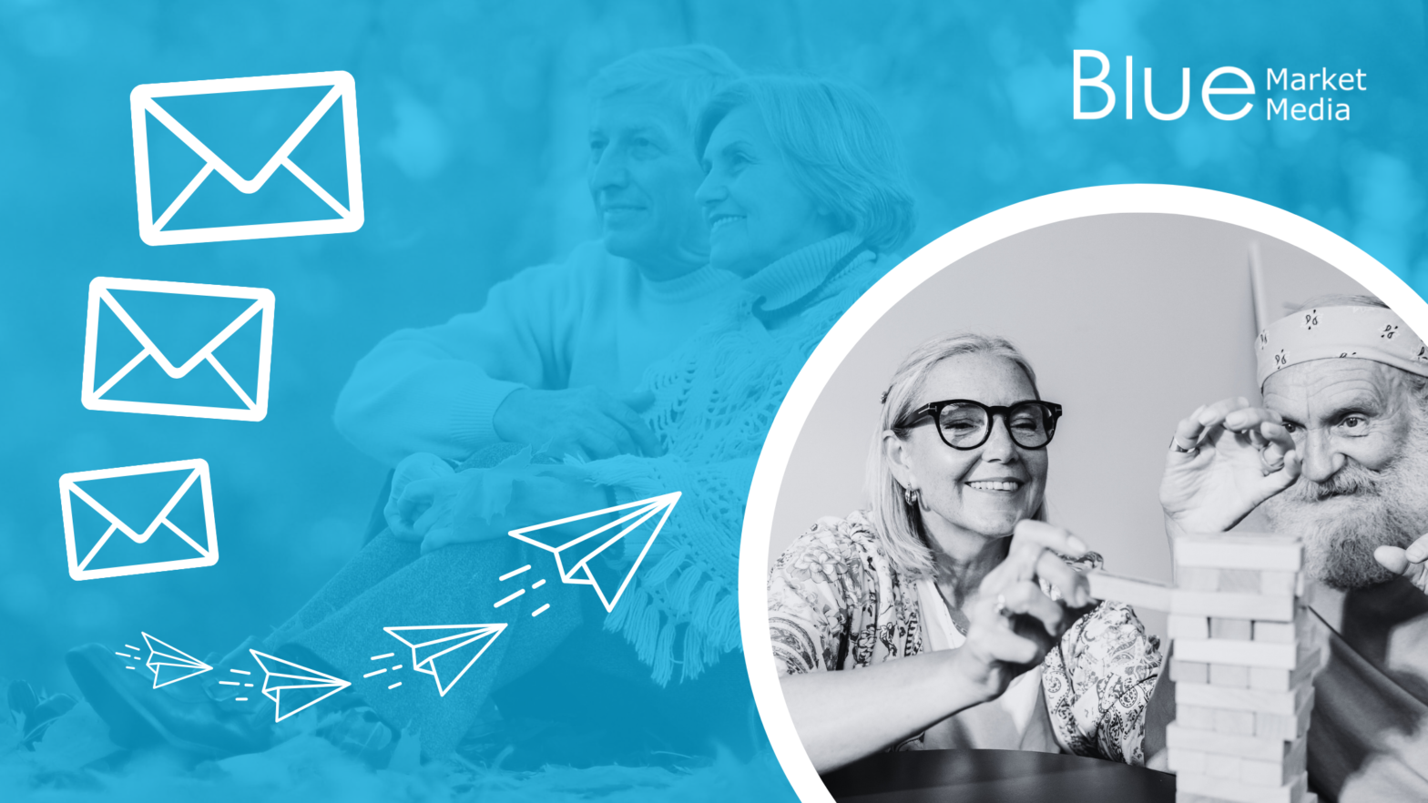 Marketing to seniors - elderly couple smiling while engaging in activities, with mail and paper plane graphics, promoting direct mail strategies for senior audiences by Blue Market Media